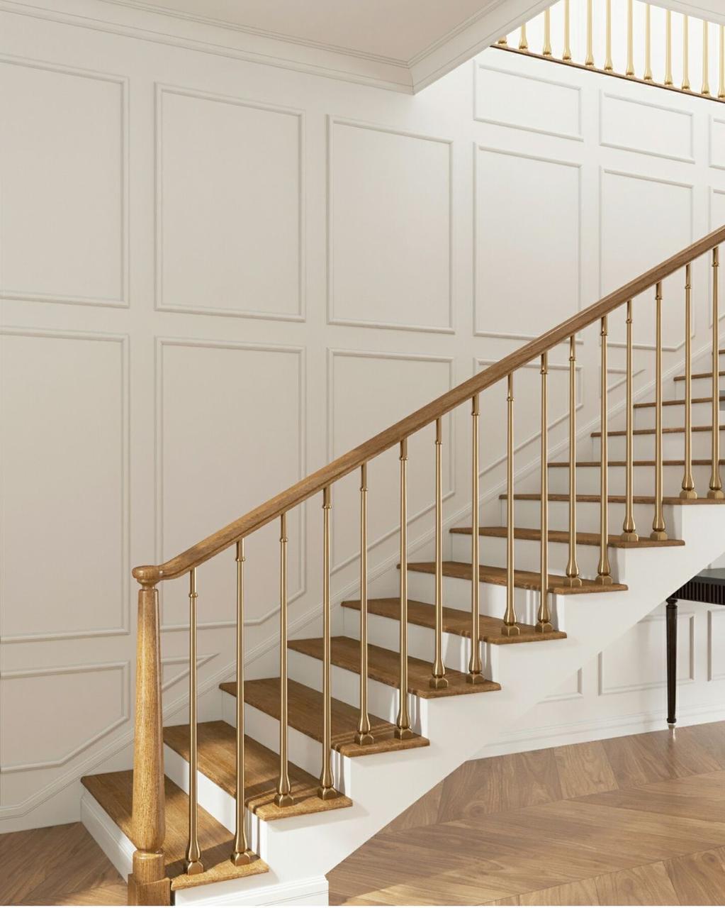 Brass baluster wooden staircase railing